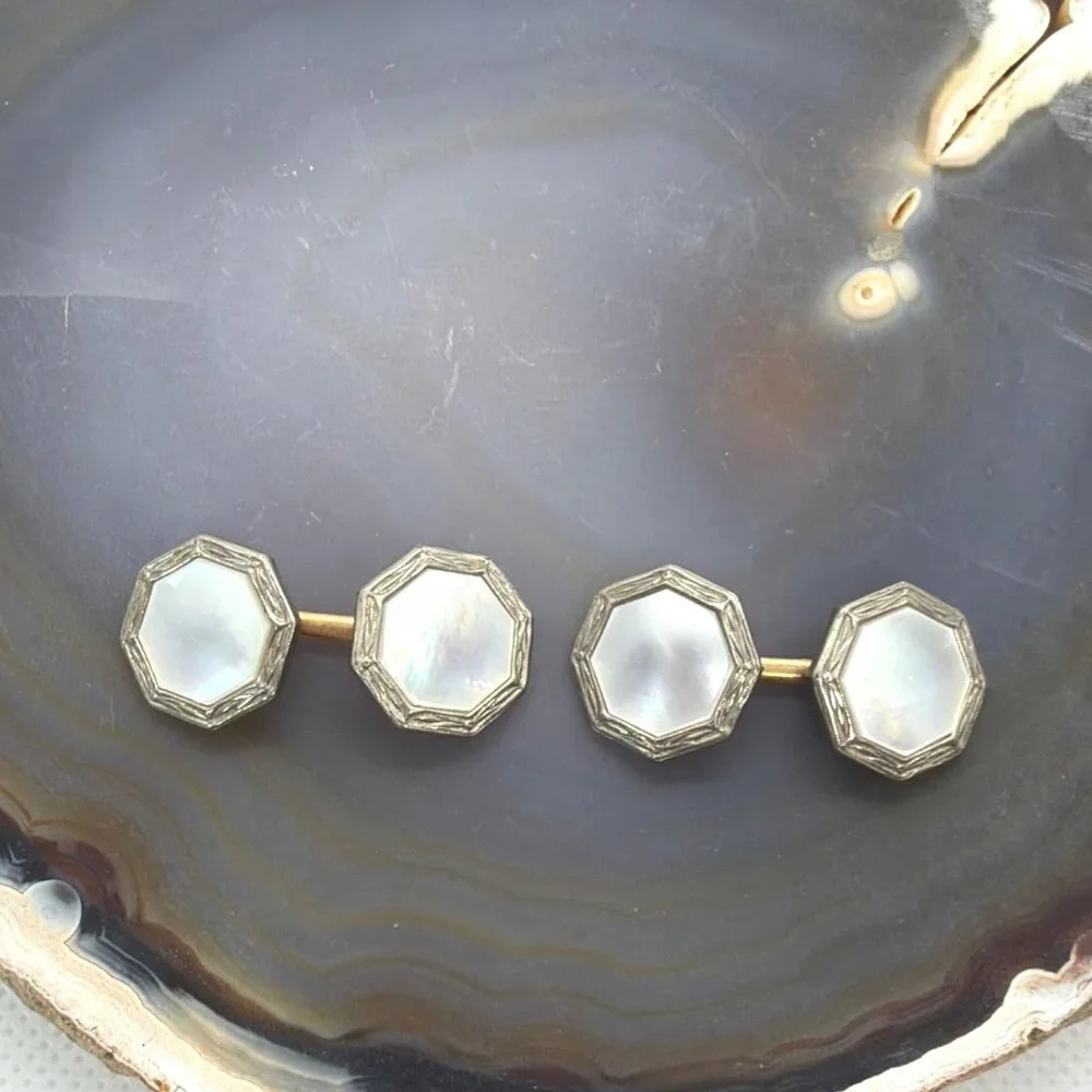 Vintage Art Deco Mother of Pearl Rolled Gold Plate Tuxedo Double Sided Cufflinks - Picture 5 of 14